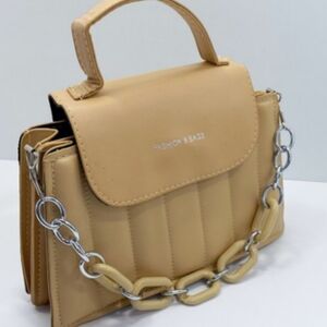 Faux Leather Top-Handle Satchel in Beige